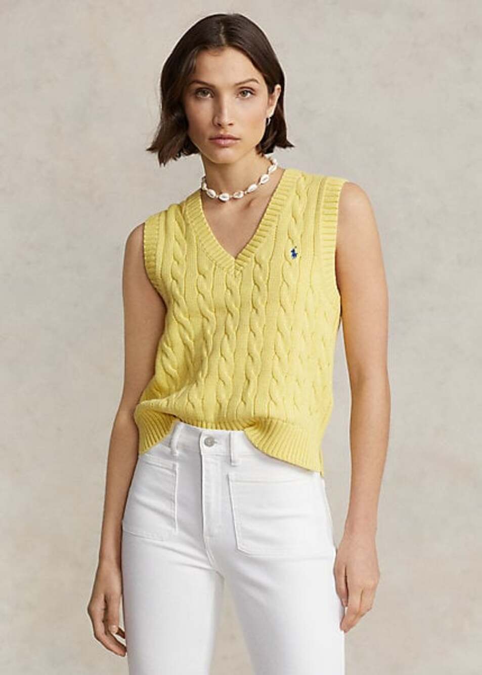 Vintage Polo Ralph Lauren Women's Yellow Cable-Knit Cotton Sweater Vest size L